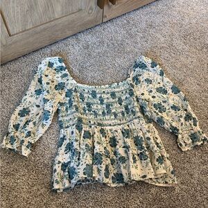 American Eagle Outfitters Floral Blouse - Teal and Cream